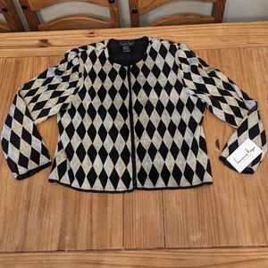 NWT Laurence Kazar Black/Gold Beaded Geo Pattern Silk Shell Jacket, Size XL
